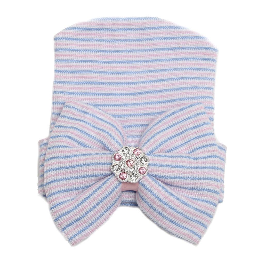 Modern Luxury Baby Girl Cotton Knit Striped Baby Caps With Big Bow For Baby Girls In Elegant Style