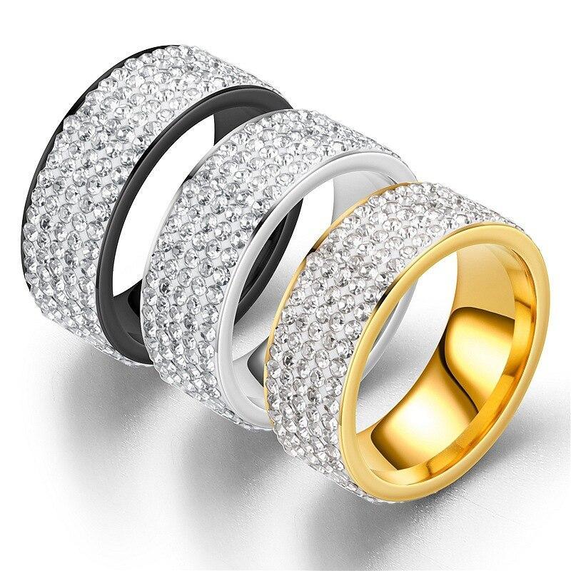 Luxury Modern Stainless Steel Ring With 5 Rows Gold Color Diamonds Crystal Ring Made for Wedding Rings for Women Men In Elegant Jelwery  Design