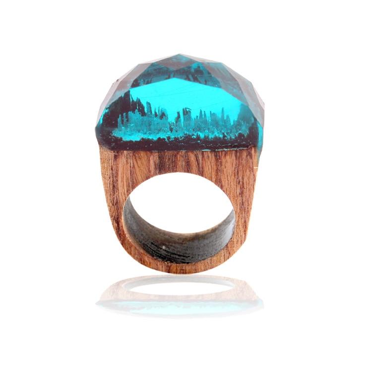 Epic Handmade Luxury Wedding Wood Resin Stone Ring Elegant With Magnificent Fantasy Secret Magic Landscape Wooden for Women and Men