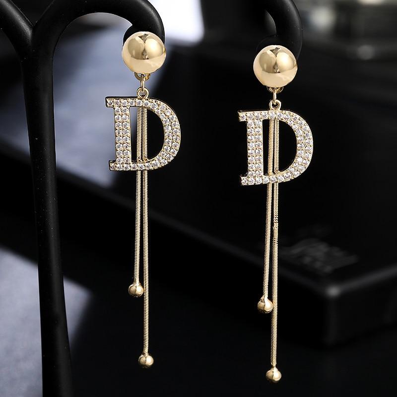 Luxury Brand Long Chain Letter Detailed Hanging Elegant Earrings For Women Modern Crystal Big Dangle Earring Wedding Jewelry Pendants