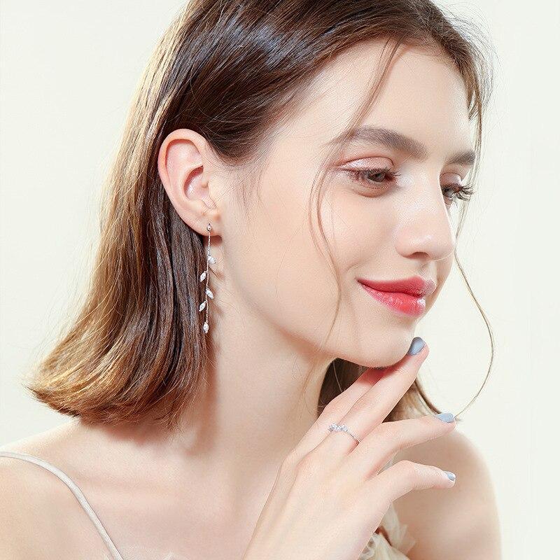 New Silver Plated Crystal Leaf Tassel Drop Luxury Earrings For Women Elegant Wedding Fashion Jewelry Gift