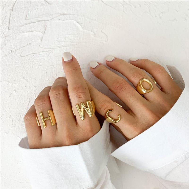 Hollow A-Z Letter Gold Color Metal Adjustable Opening Ring Initials Name Alphabet Female Party Chunky Wide Trendy Jewelry