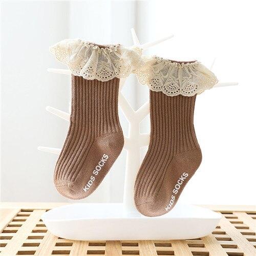 Newborn Baby Girl Socks Lace Baby Knee Socks Anti Slip Cotton Long Socks for Girls In retro Vintage Style