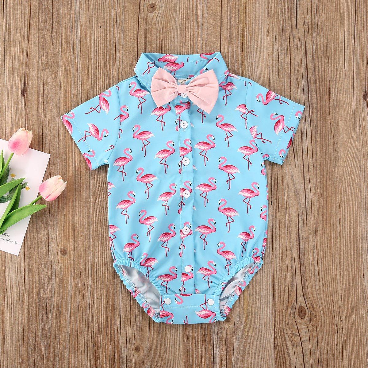 Newborn Boys Bodysuits Bow Short Sleeve Print Single Breasted Jumpsuits Shirt For Baby With Elegant Bow