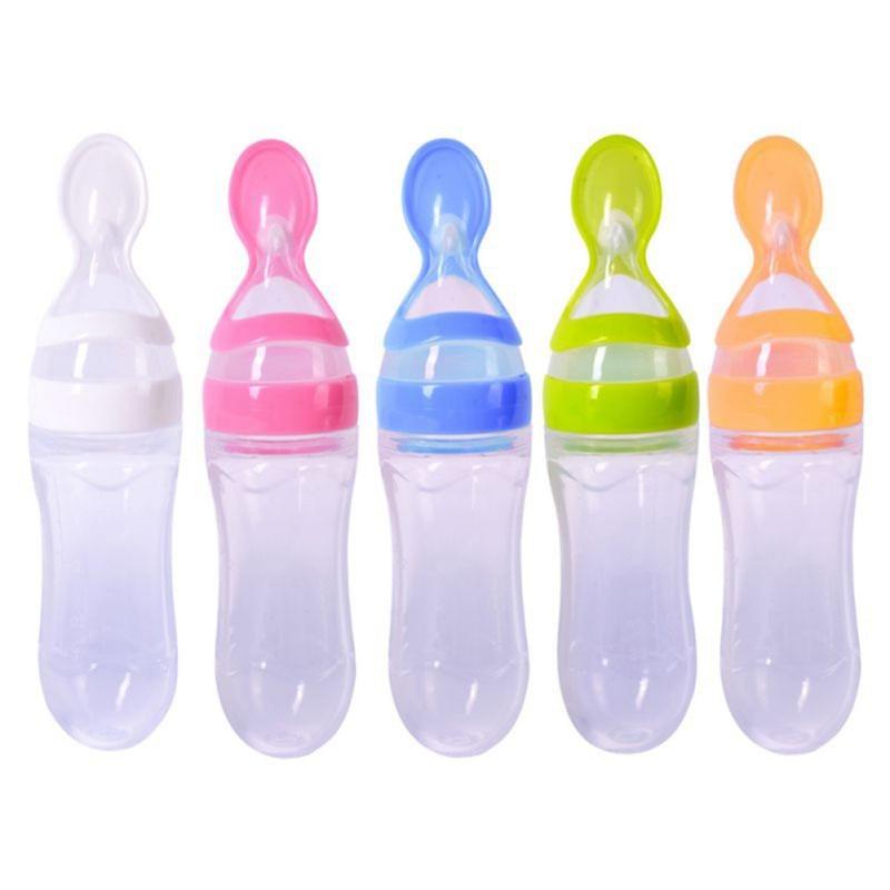 Silicone Baby Bottle With Spoon Food Supplement Bottles Squeeze Spoon Milk Feeding Bottle Cup For Baby and Kids