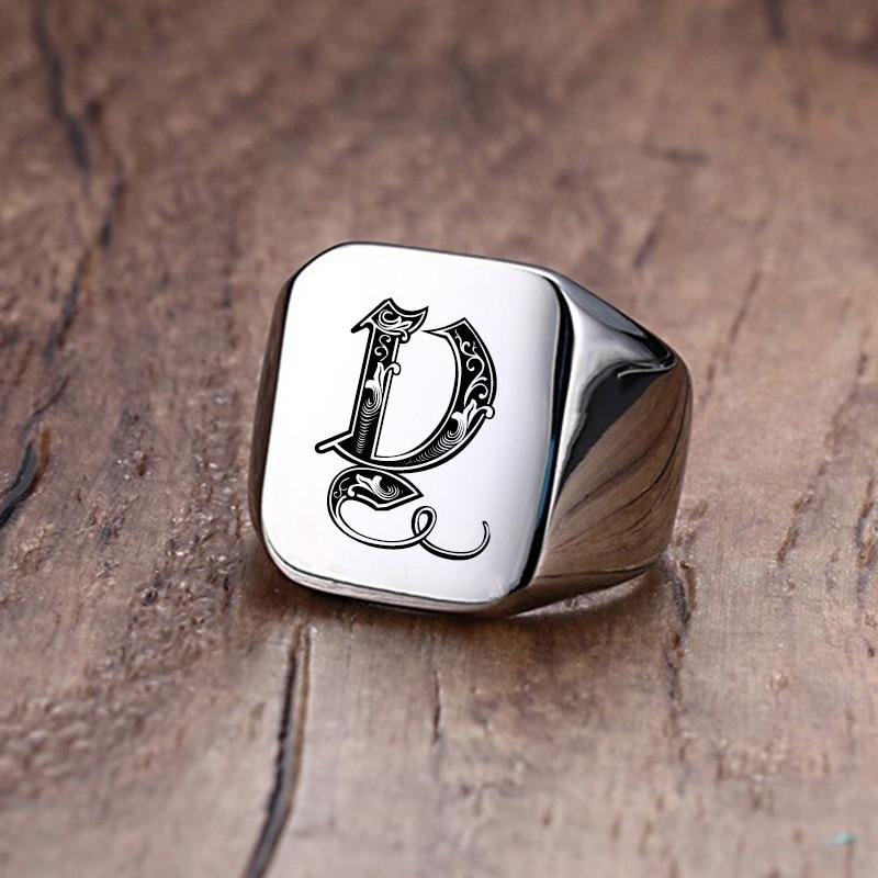 Modern Letter Retro Initials Signet Ring for Men 18mm Bulky Heavy Stamp Male Band Stainless Steel Letters Custom Jewelry Gift for Him