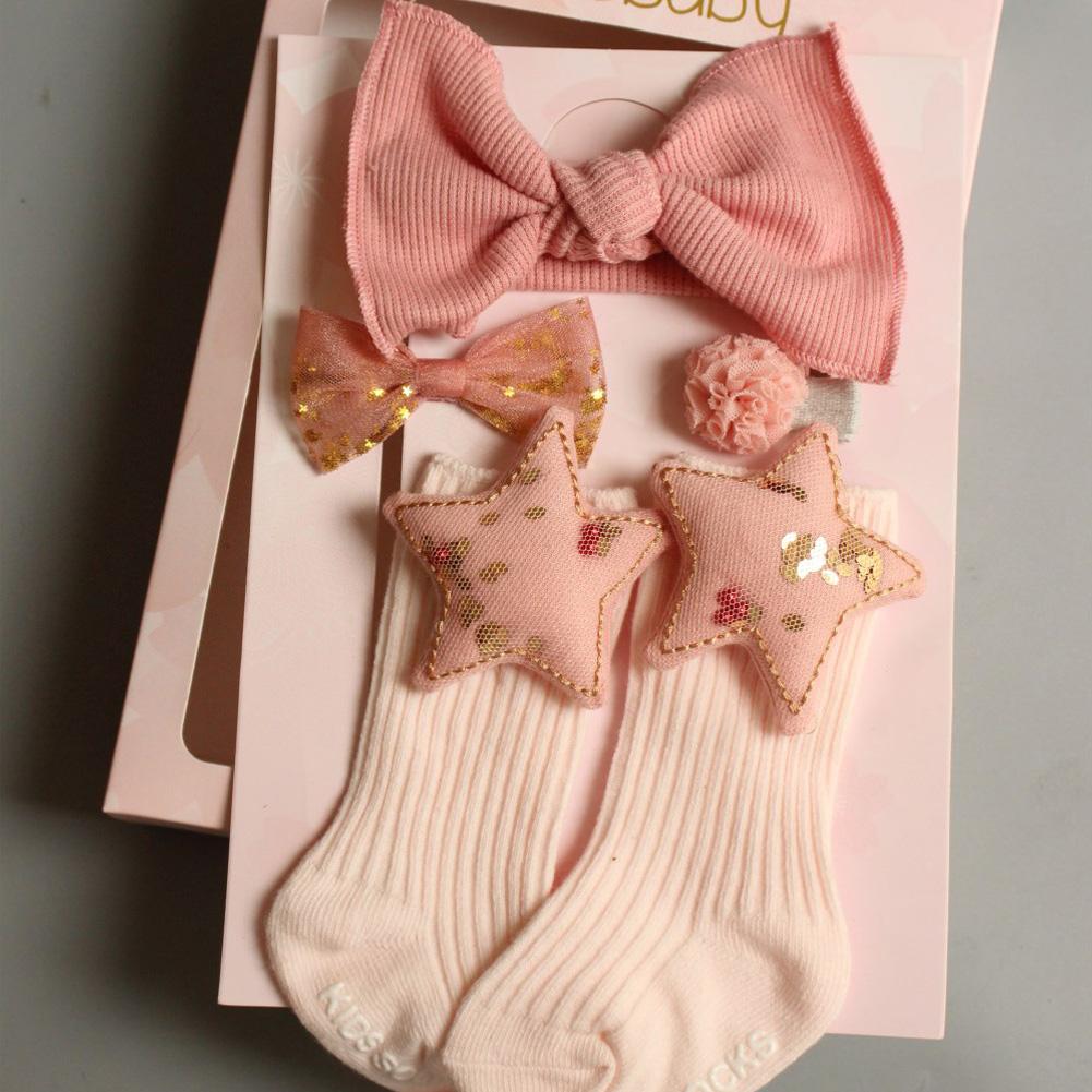 4PCS/SET Newborn Baby Girl Socks Ankle Princess Anti Slip Socks+Headband+Hair Pin For Baby