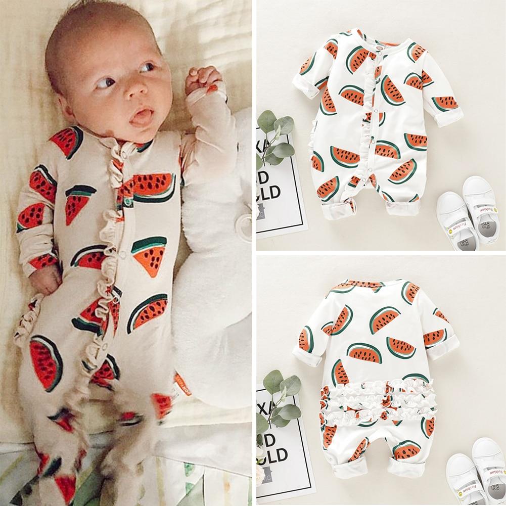 Newborn Toddler Watermelon Print Romper With Long Sleeve Wrapped Foot Jumpsuit For Babies