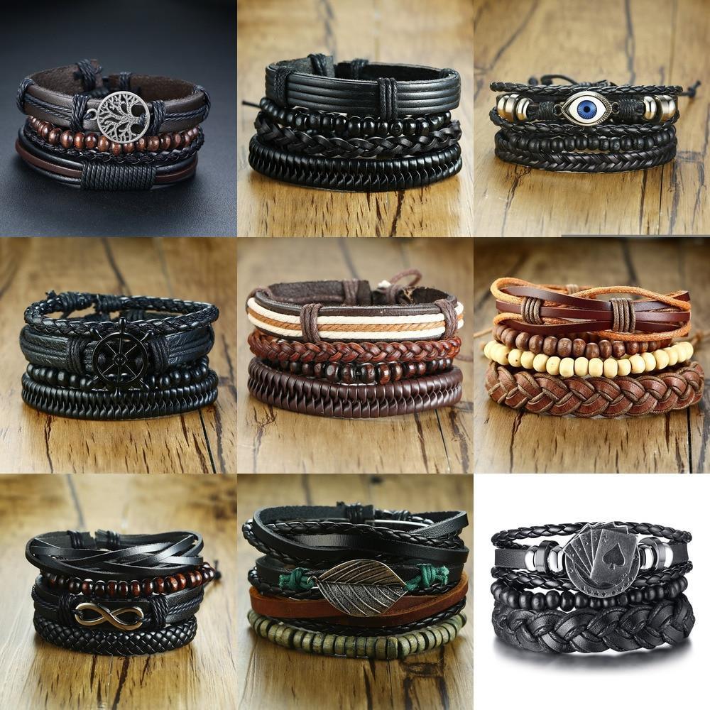 Modern Handmade Braided Wrap Leather Bracelets for Men In Vintage Style With Life Tree Rudder Charm Wood Beads Ethnic Tribal Wristbands