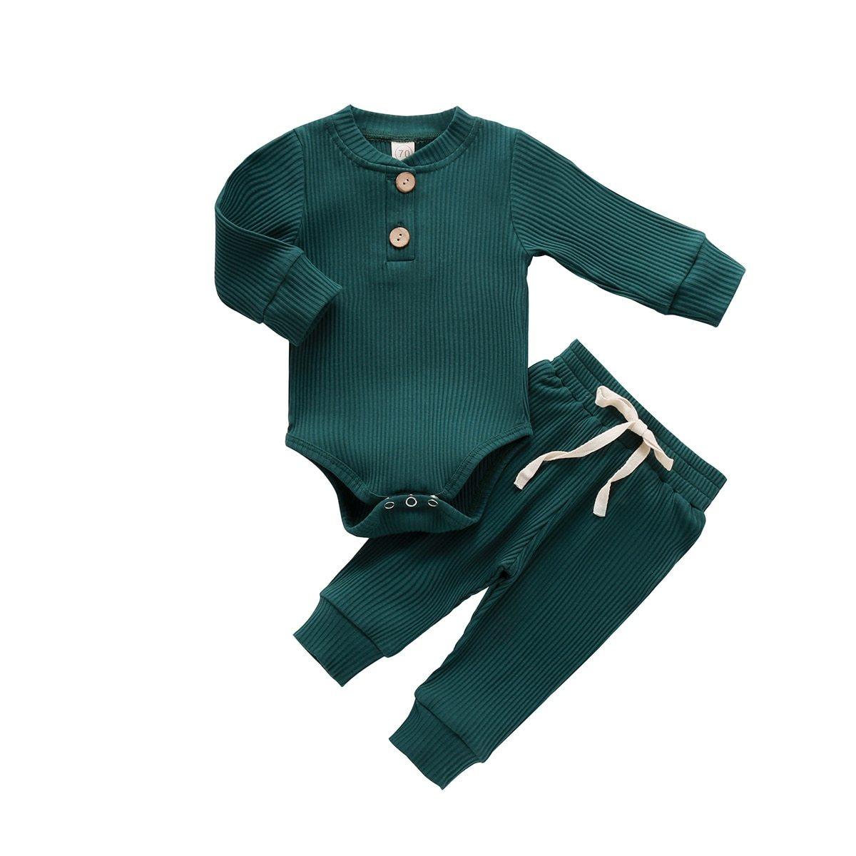 Infant Newborn Baby  Spring Autumn Ribbed Solid Clothes Sets Long Sleeve Bodysuits , Elastic Pants 2PCs