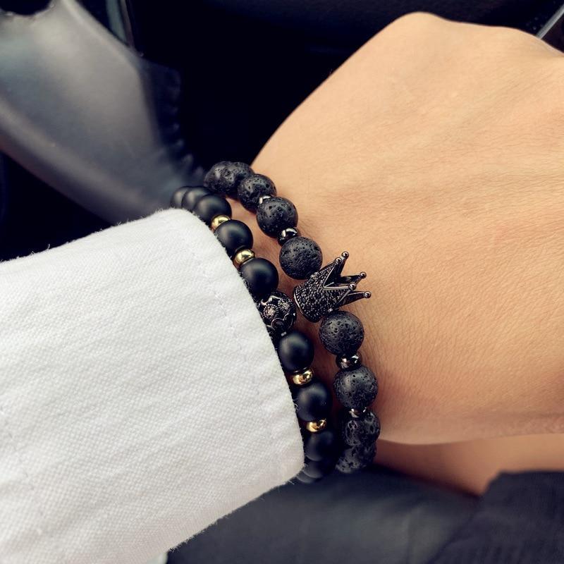 Modern New Fashion Crown And Lion Charm Elegant Bracelet For Men Classic Matte And Lava Stone Set Luxury Bracelet For Men Pave CZ Jewelry Gift