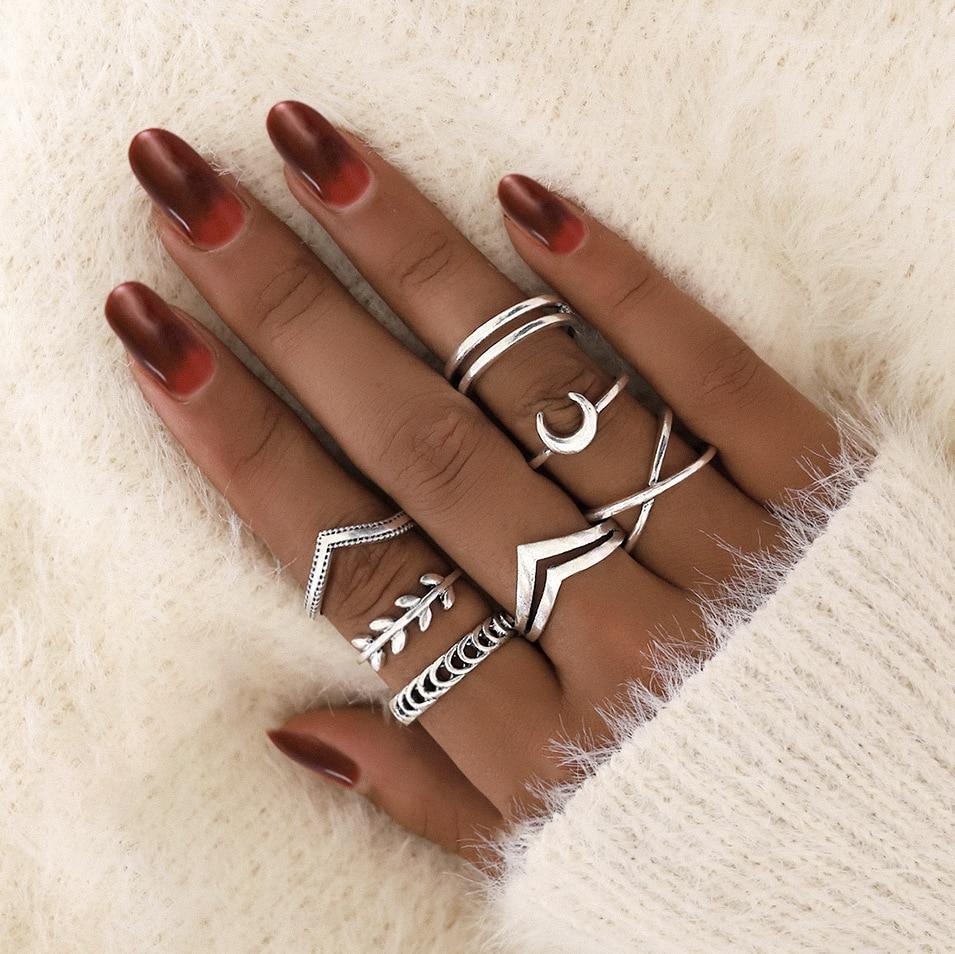 Boho Vintage Gold Star Knuckle Rings For Women BOHO Crystal Star Crescent Geometric Female Finger Rings Set Jewelry