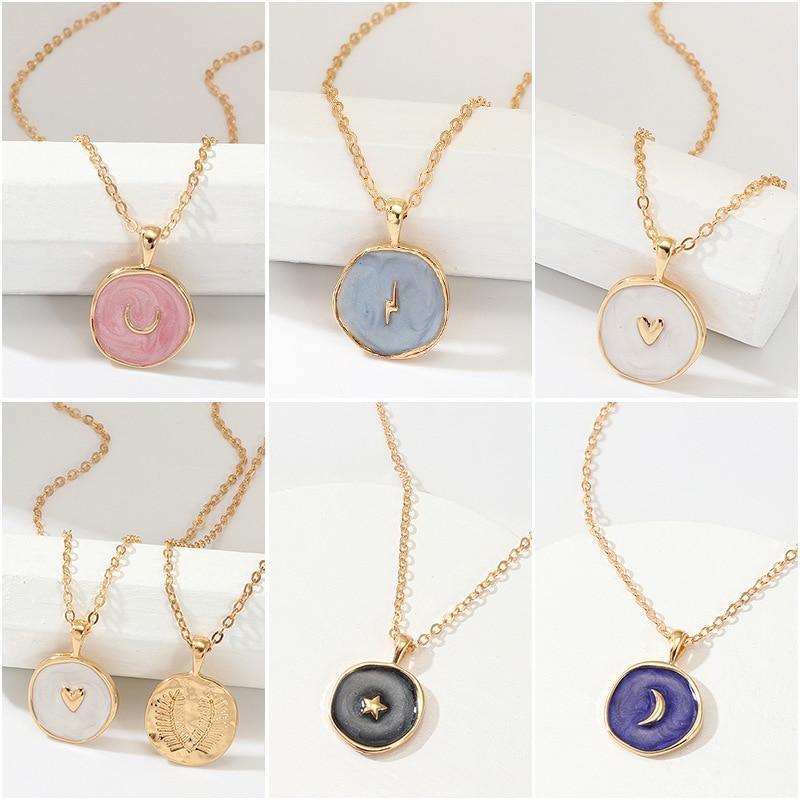 Women Long Simple Stars Moon Heart Round Double Layer Golden Necklace And Earrings Luxury Jewelry Style Cool Gift