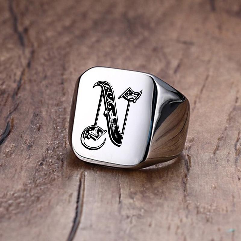 Modern Letter Retro Initials Signet Ring for Men 18mm Bulky Heavy Stamp Male Band Stainless Steel Letters Custom Jewelry Gift for Him