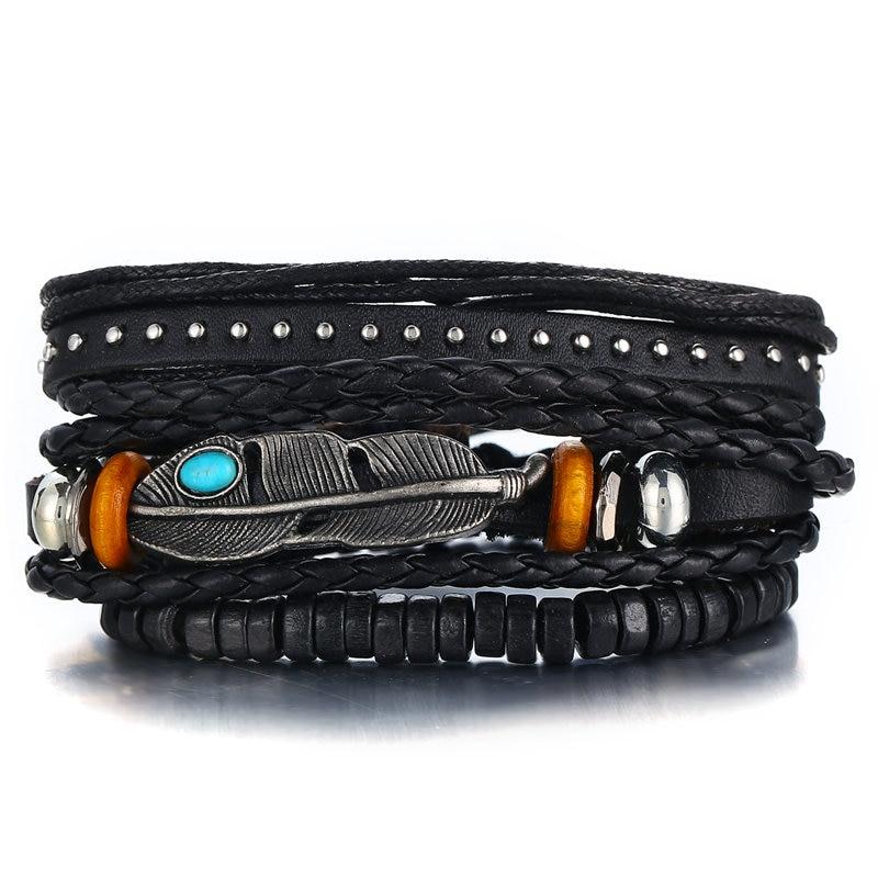 BOHO Tibet Stone Feather Multilayer Leather Bracelet Eye Fish Charms Beads Bracelets For Men Vintage Punk Wrap Wristband Cool Jewelry