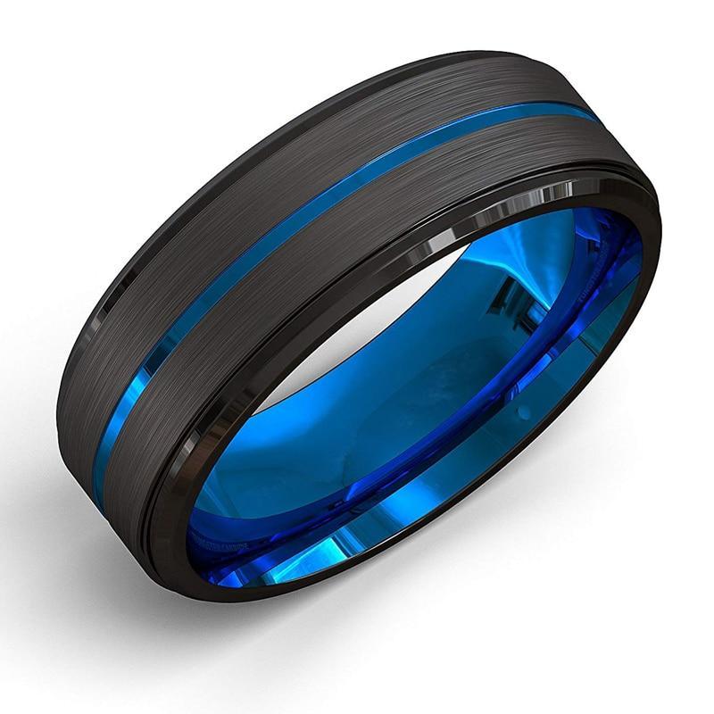 Men's fashion Black Brushed Ladder Edge Stainless Steel Ring Blue Groove Men Wedding Ring Gifts For Men