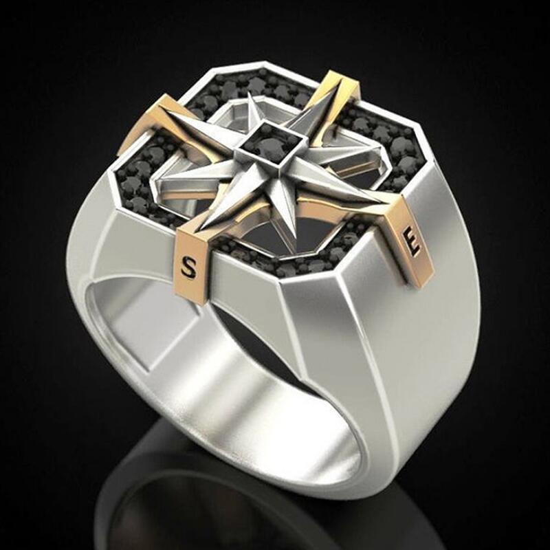 Unique Design Men's Creative Vintage Rings Stainless Steel AAA Zircon Inlay Two Tone Viking Compass Ring for Men Weeding Luxury Design