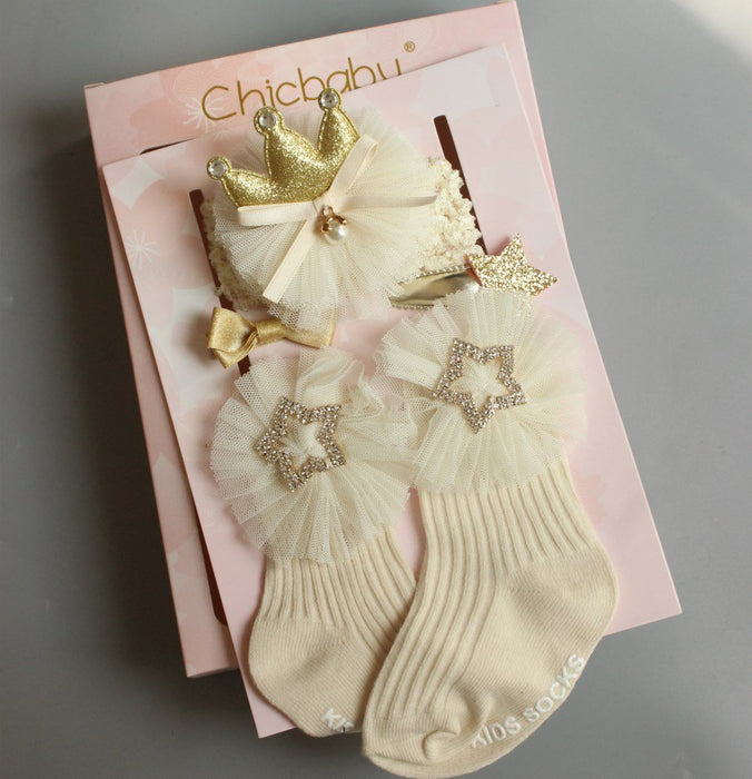 4PCS/SET Newborn Baby Girl Socks Ankle Princess Anti Slip Socks+Headband+Hair Pin For Baby