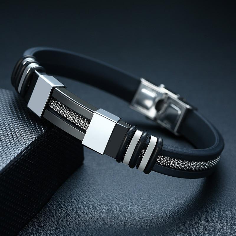 Stainless Steel Bracelet Men Wrist Band Black Grooved Rudder Silicone Mesh Link Insert Punk Wristband Stylish Casual Bangle Cool Gift