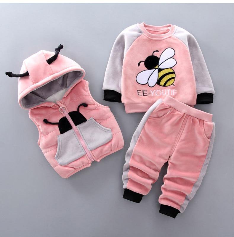 Baby Clothes Winter Thick And Warm Three-piece Cartoon Bear And Fox Printed Sweater Hooded Baby Girl Clothing Set Sweater and Pants