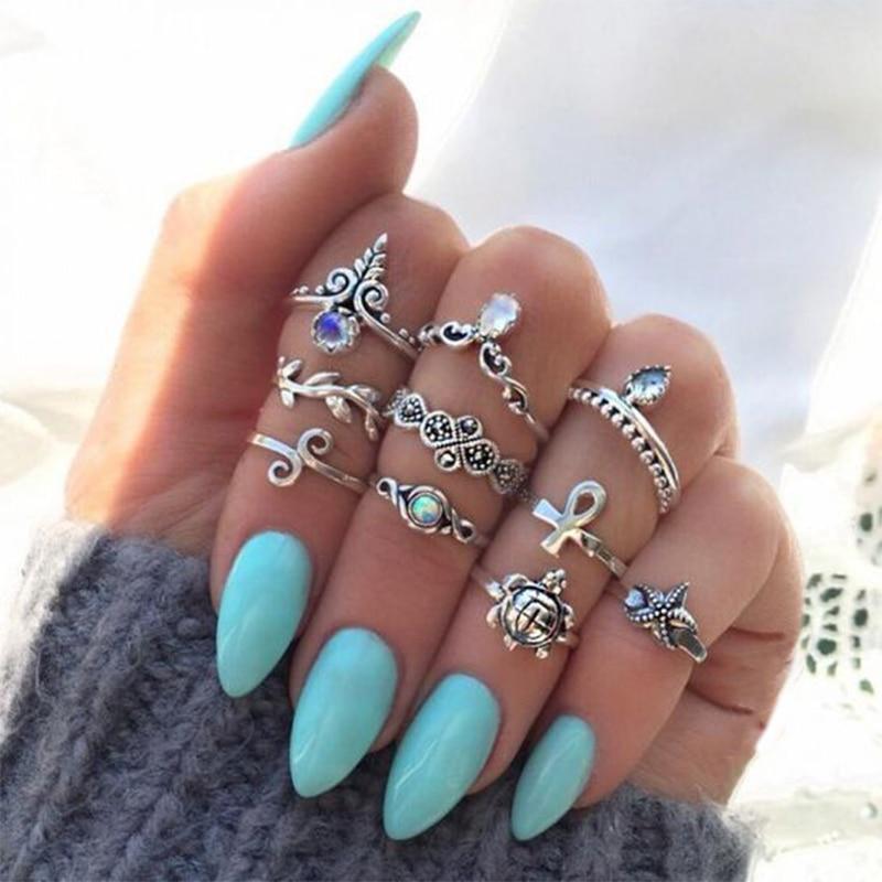 Boho Women Rings Set Compass Arrow Starfish Wave Moon Eyes Gem Gold Silver Color Opening Midi Ring Charm Lady Jewelry