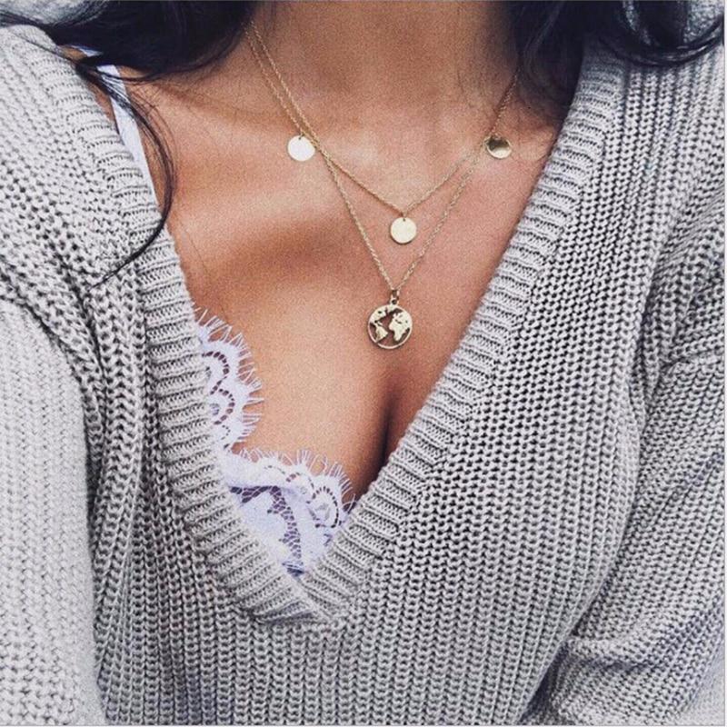 Luxury Modern Gold World Map Choker Map Crescent Moon Necklaces&Pendants Dainty For Women and Girls