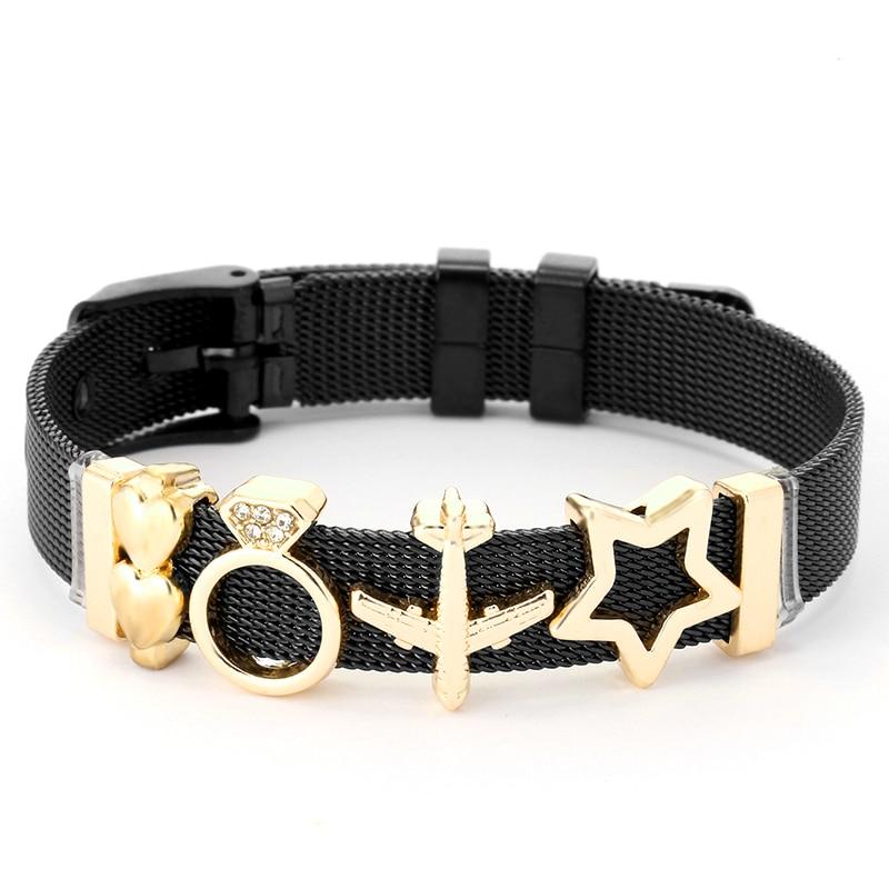 Black Stainless Steel Mesh Bracelets Elegant For Women Men Couples Lover Gold Rose Gold Star Bears Anchor Charm Watch Belt Bangle