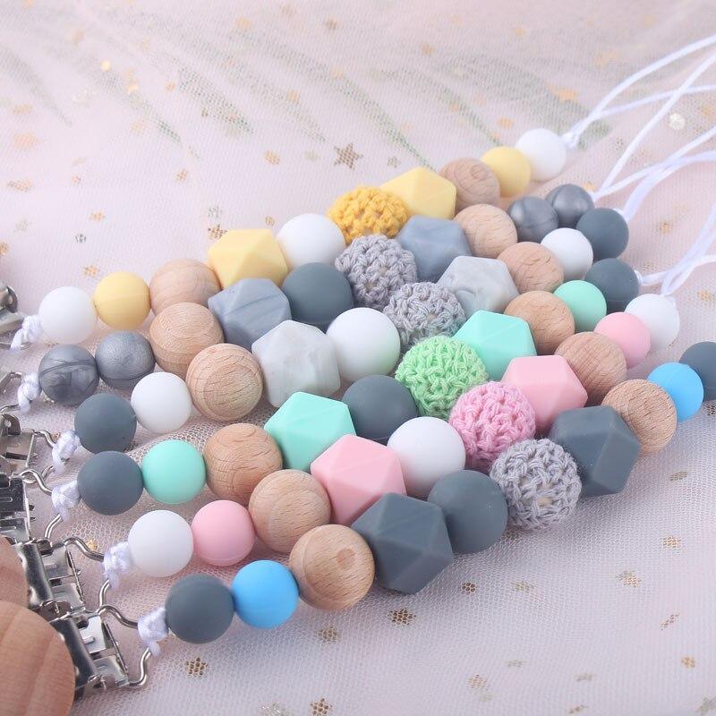 Modern Handmade Chain Wooden Holder For Pacifier Clips Leash Strap Nipple Holder For Infant Feeding For Baby