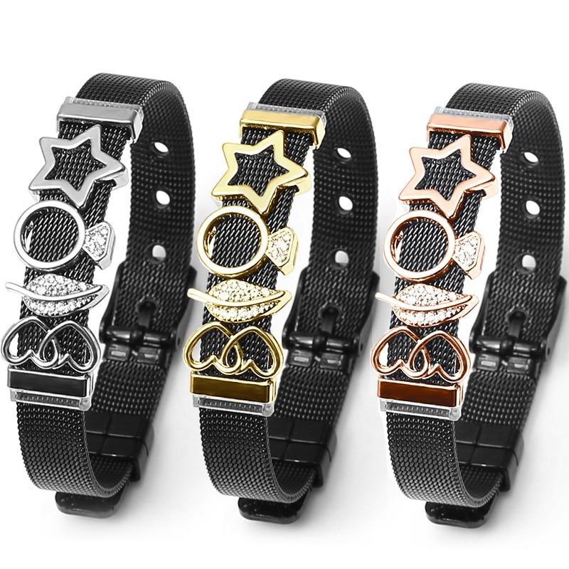 Black Stainless Steel Mesh Bracelets Elegant For Women Men Couples Lover Gold Rose Gold Star Bears Anchor Charm Watch Belt Bangle