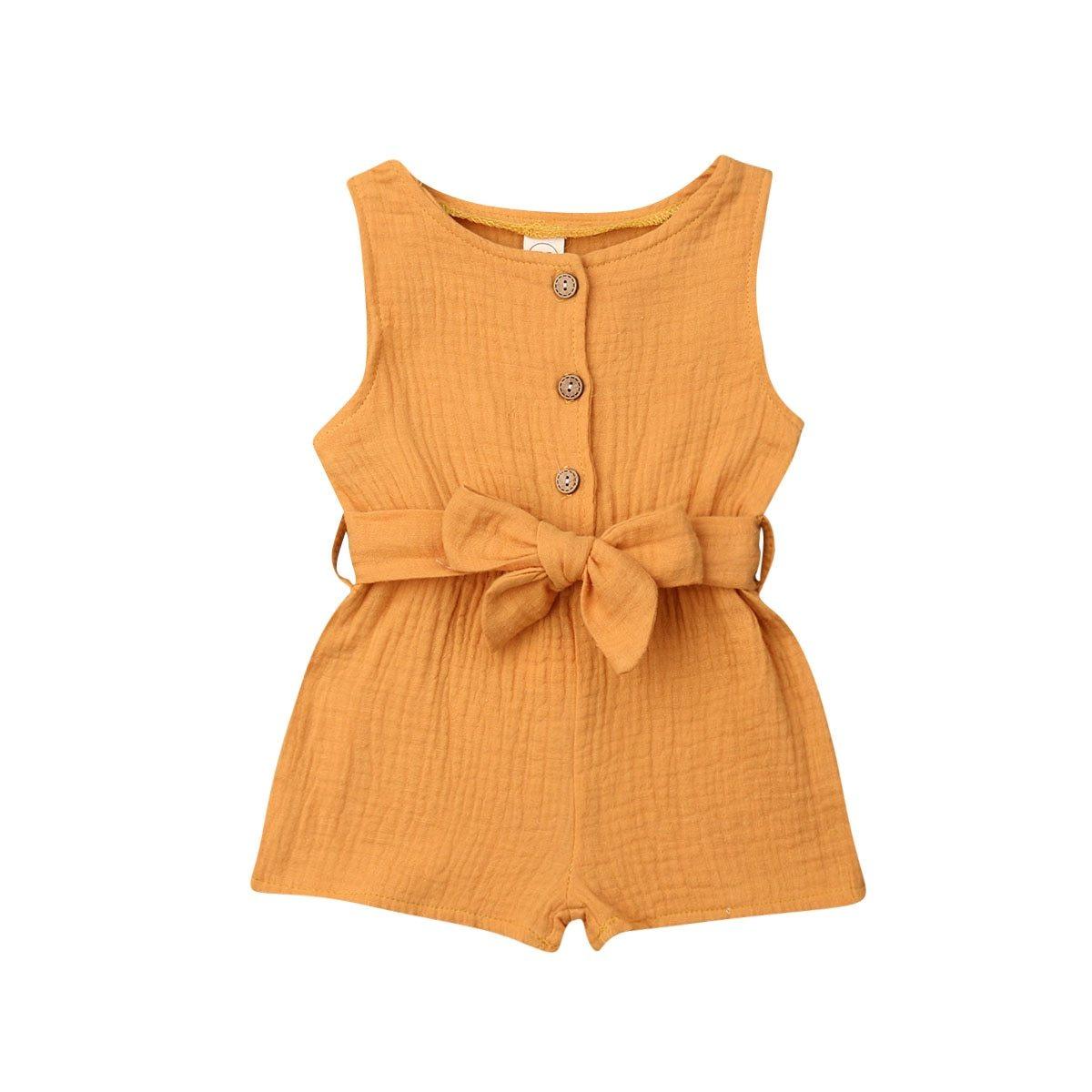 Newborn Baby Girl Kids Solid Romper Jumpsuit Playsuit Sleeveless Bow Belt Clothes Outfit For Summer