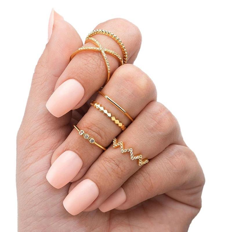 Boho Women Rings Set Compass Arrow Starfish Wave Moon Eyes Gem Gold Silver Color Opening Midi Ring Charm Lady Jewelry