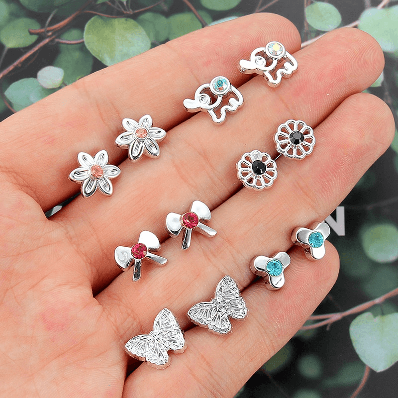 36Pairs/18pairs Earrings Mixed Styles Rhinestone Sun Flower Geometric Animal Plastic Stud Luxury Earrings for Woman and Kids