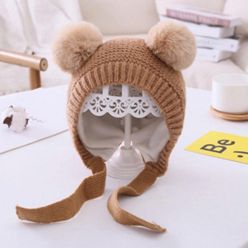 Handmade Modern Trend Winter  Christmas Knitted Baby Hat Cute Double Pompom Infant Baby Boy Girl Cap Ear Protection Hats Kids Children Cap