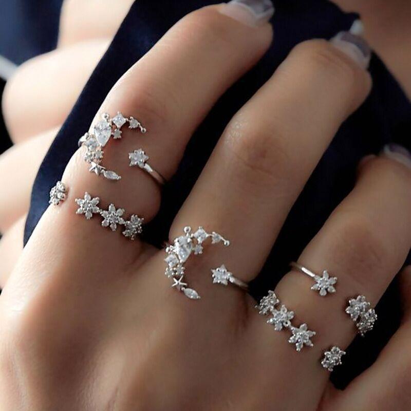 Women Crystal Finger Knuckle Rings Set For Girls Moon Lotus Charm Bohemian Ring Fashion Jewelry Gift