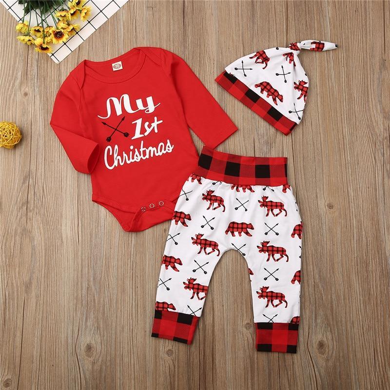 Casual New Baby Boy/Girl  First Christmas printed Clothes Romper Trousers Hat Outfit Set