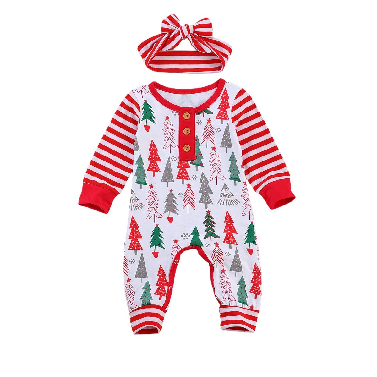 Newborn Baby Girls Boys Christmas Rompers Headband Jumpsuits 2pcs Santa Tree Print New Year Baby Romper