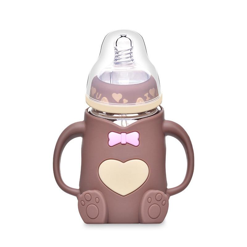 Infant Cartoon Baby Cute Feeding Glass Bottle Safe Silicone Milk Bottle With Handle Newborn Drink Training Colorful Feeding Bottles