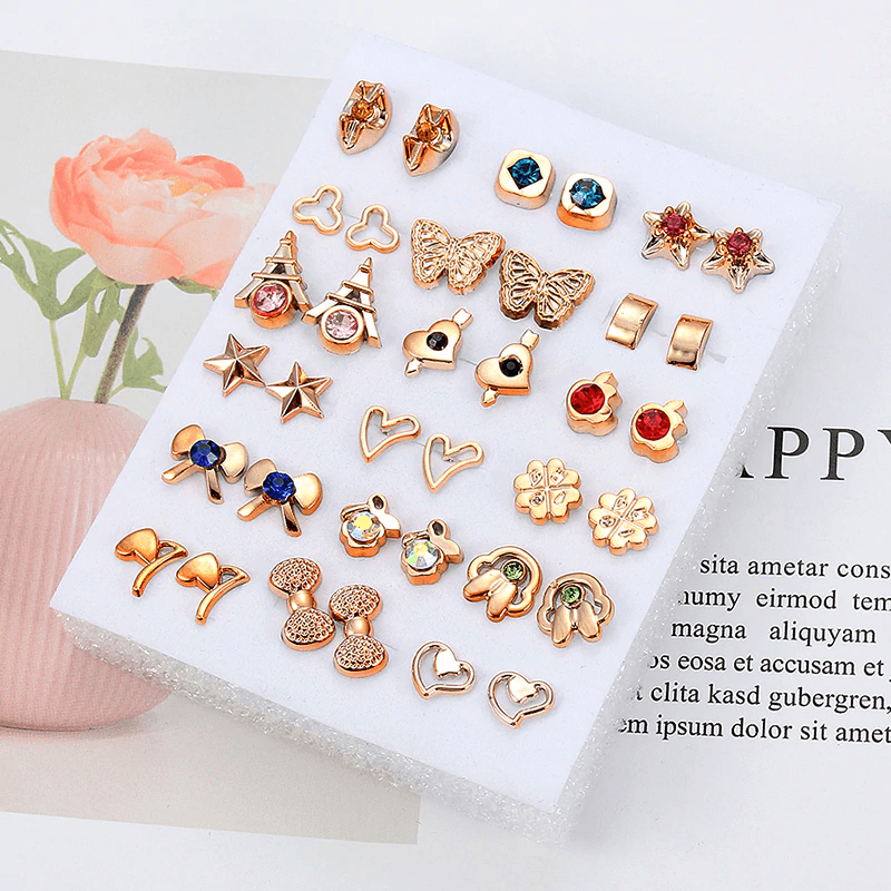 36Pairs/18pairs Earrings Mixed Styles Rhinestone Sun Flower Geometric Animal Plastic Stud Luxury Earrings for Woman and Kids