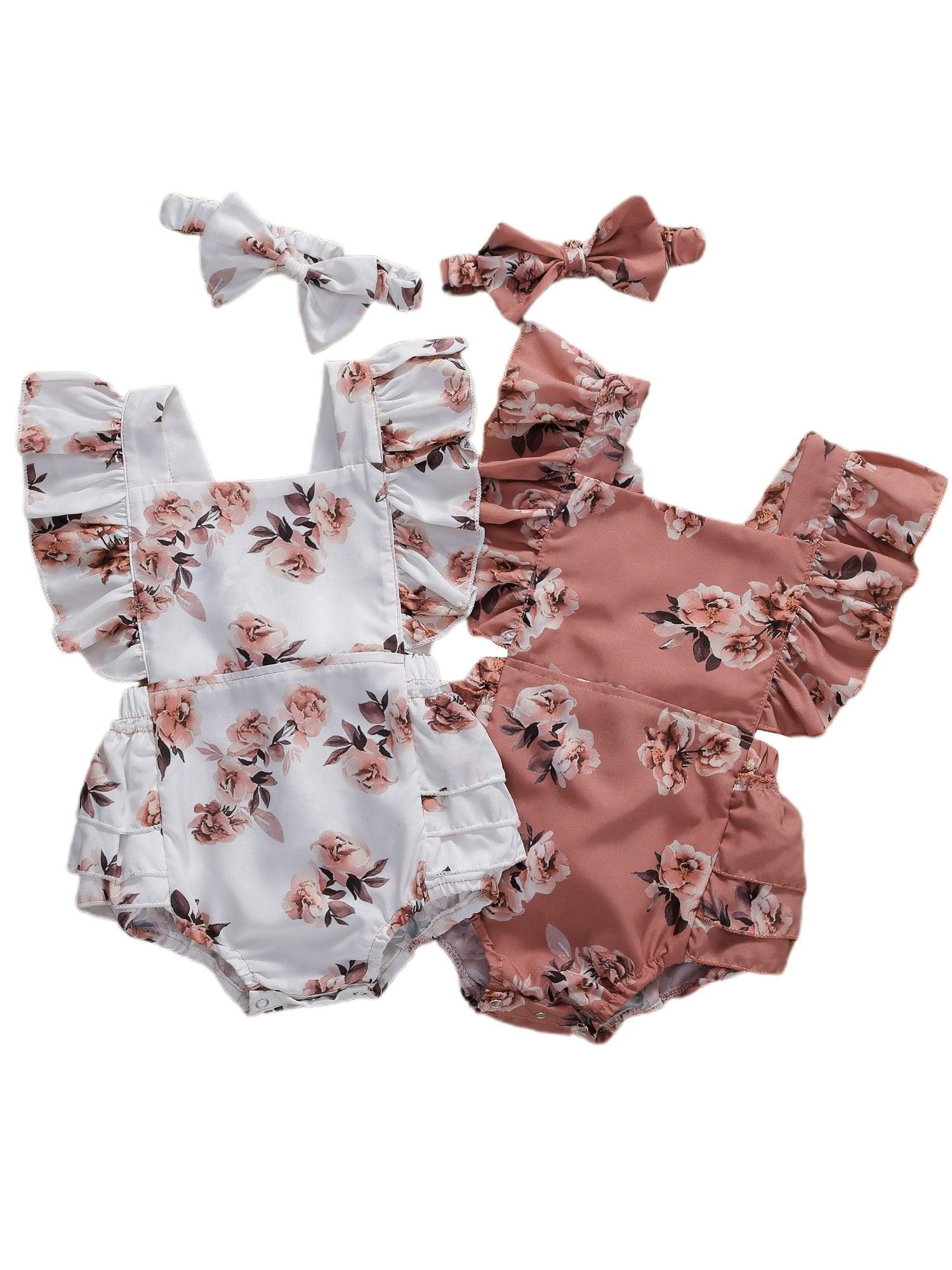 Modern 0-24M Newborn Baby Girls Flowers Print Ruffles Short Sleeve Jumpsuits Headband For Girls