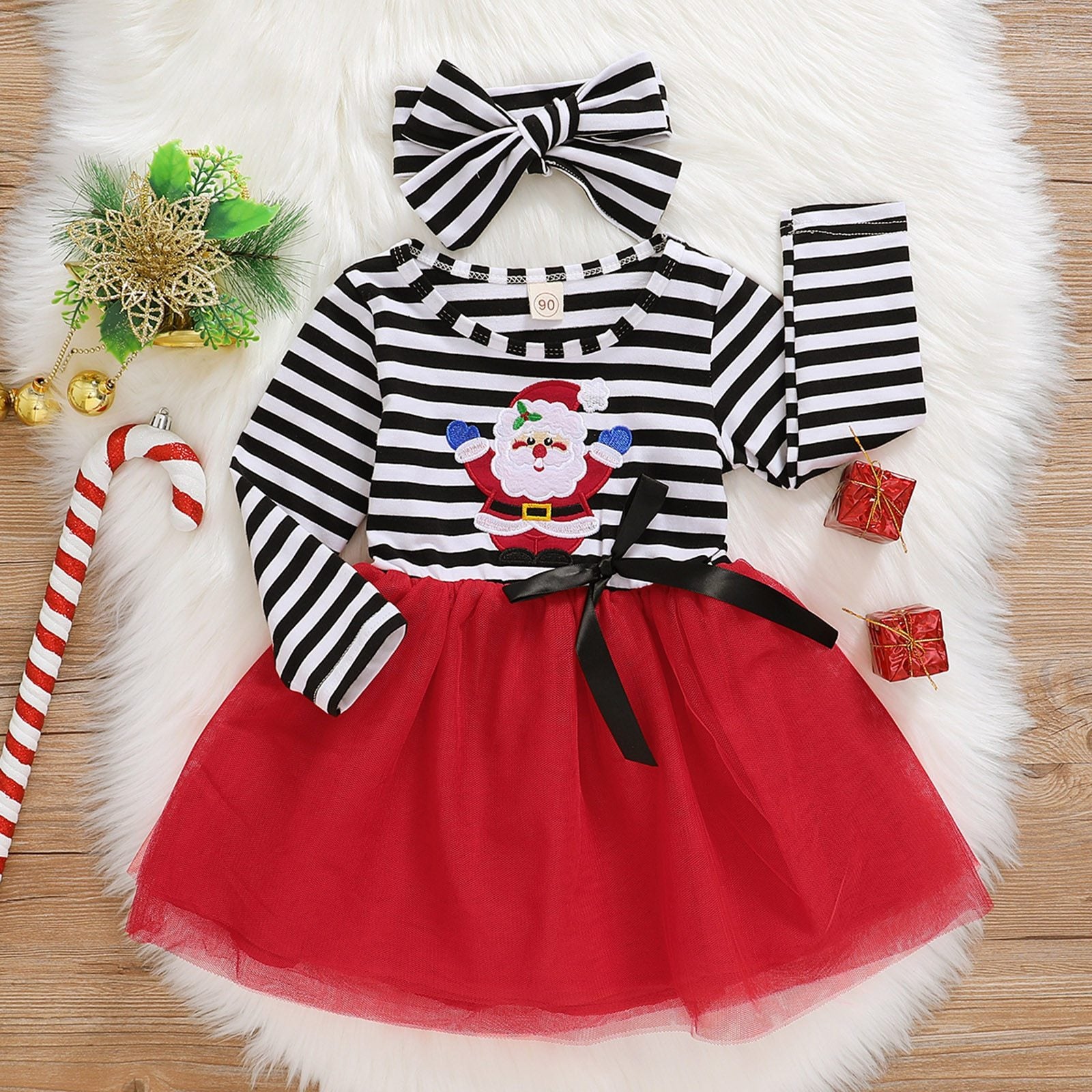 Baby Girls Christmas Santa Striped Print Dress+ Headband Princess Party Outfit Excellent Look