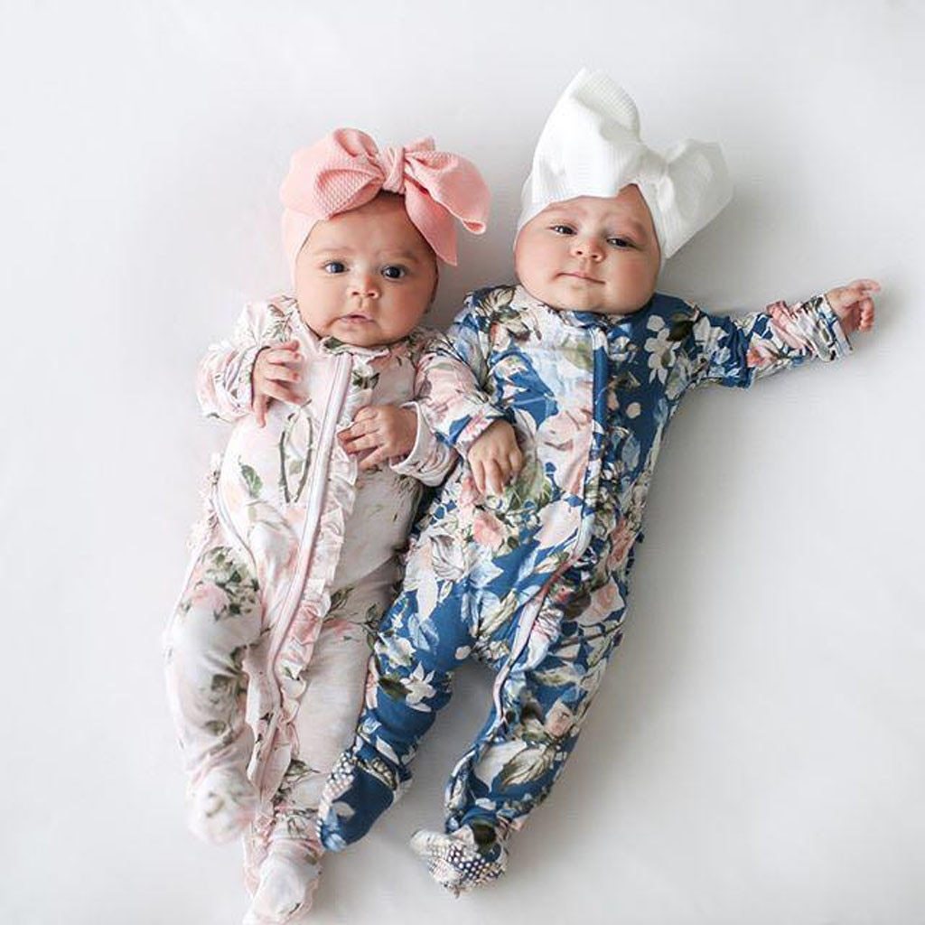 Modern Interesting Luxury Floral Newborn Baby Girl Clothes Infant Baby Girl Footed Full Sleeve Outfit Romper Jumpsuit With Big Bow In Modern Design