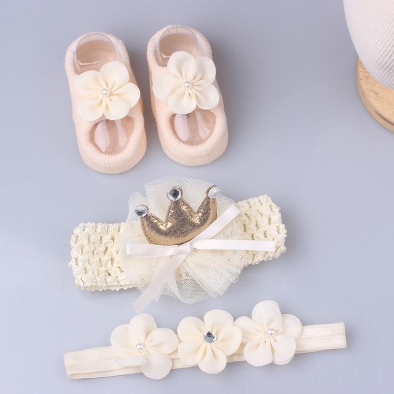 Flower Baby Girl Headband Socks Set Shoes With  Crown Bows Newborn Headbands For Girls Turban Baby Hair Accessories