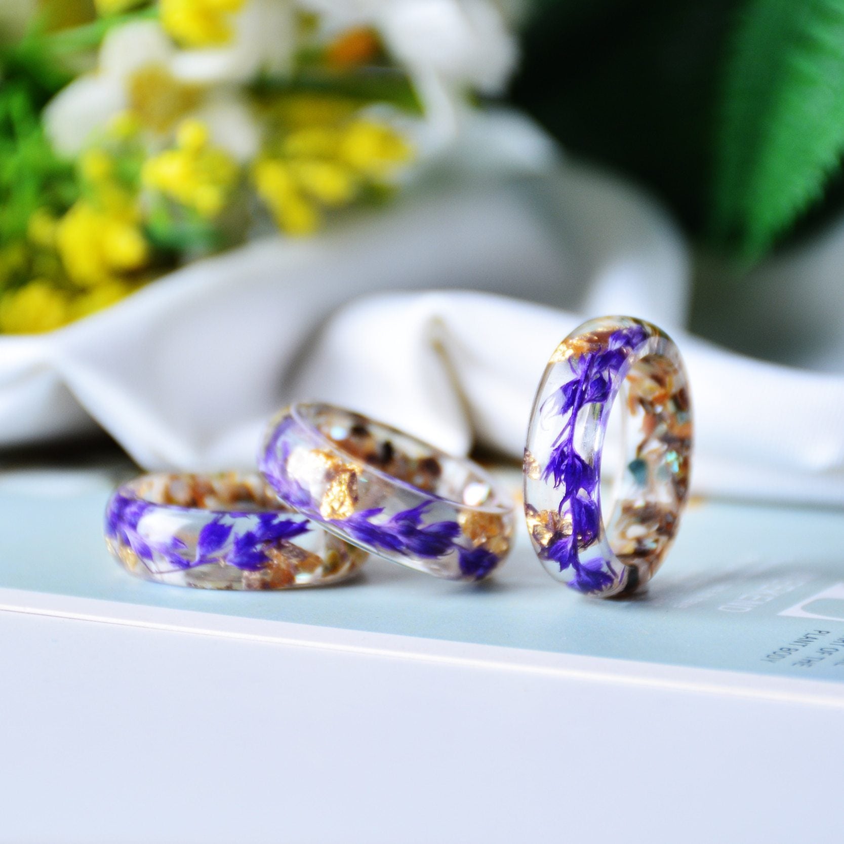 Forest Dried Flowers Petals Handmade Gold Foil Paper Inside Luxury Elegant Resin Ring For Women