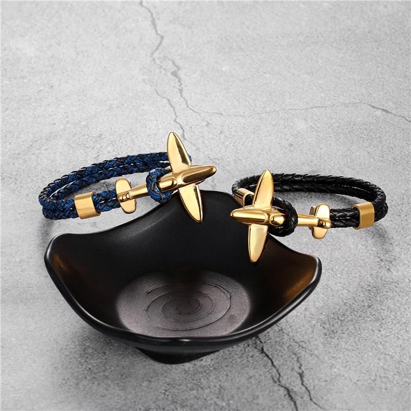 Stainless Steel Gold Aviation Airplane Anchor Bracelets For Men and Women In Retro Leather Bracelet Air Force Style Homme Jewelry Style