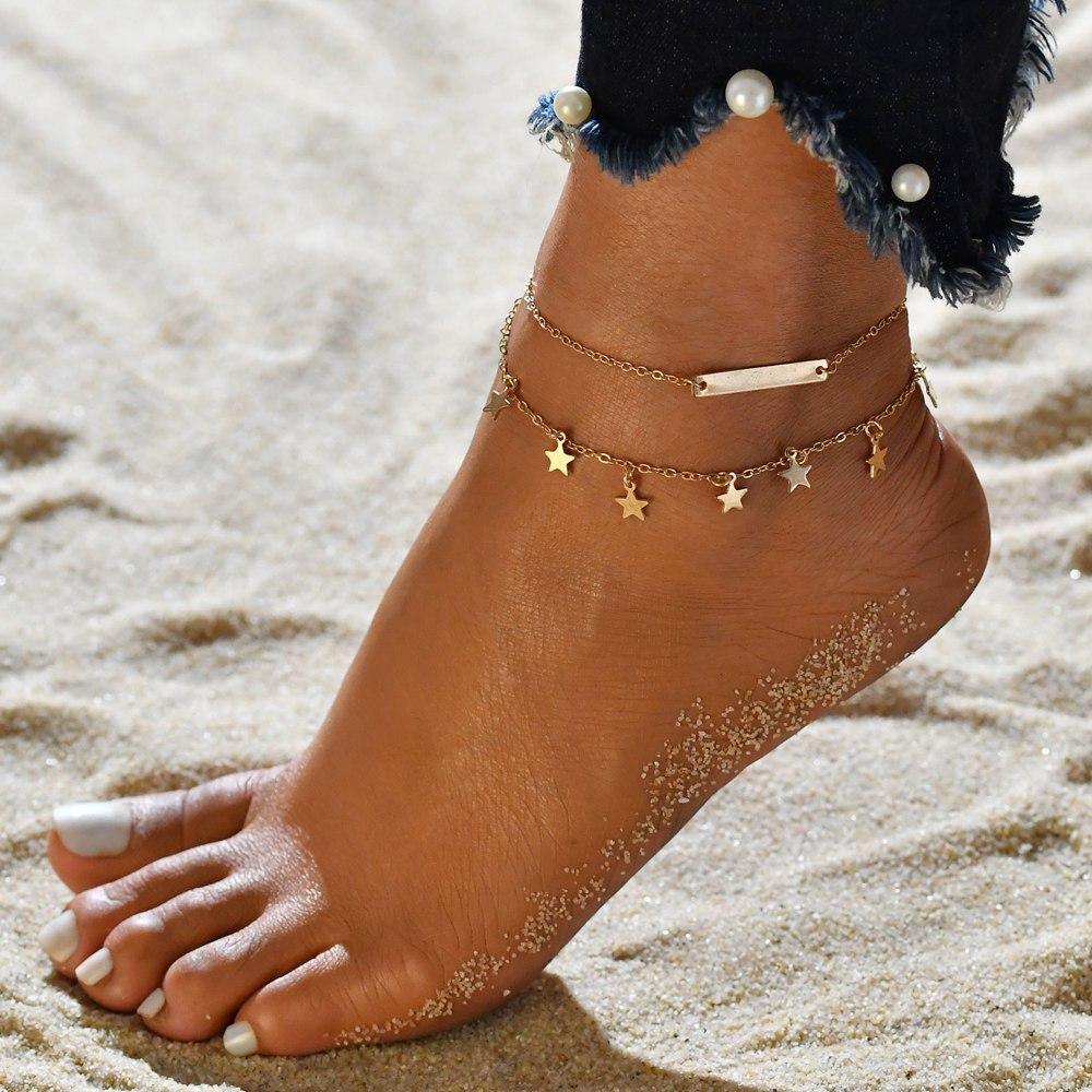 Gold Metal Shell Coconut Tree Female Anklets Barefoot Sandals Foot Summer Double Layers  Foot  Bracelets Leg Jewelry