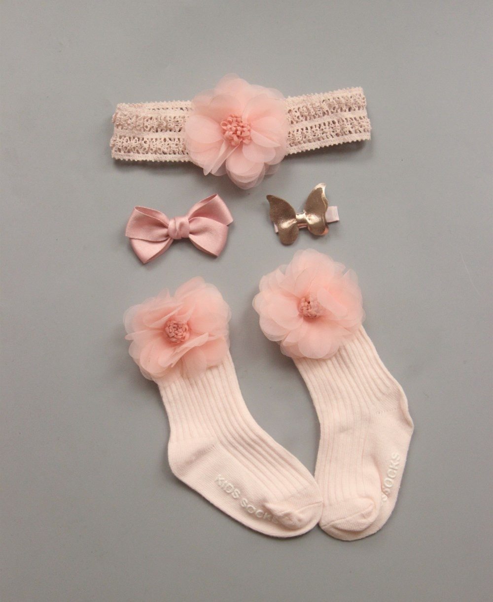 4PCS/SET Newborn Baby Girl Socks Ankle Princess Anti Slip Socks+Headband+Hair Pin For Baby