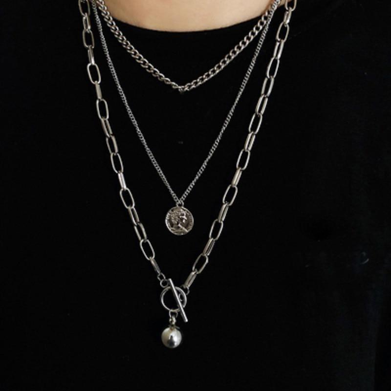 Modern Metal Ball Coin Cross Pendant Multi-layer Design Long Chain Necklace For Women In elegant Modern Design