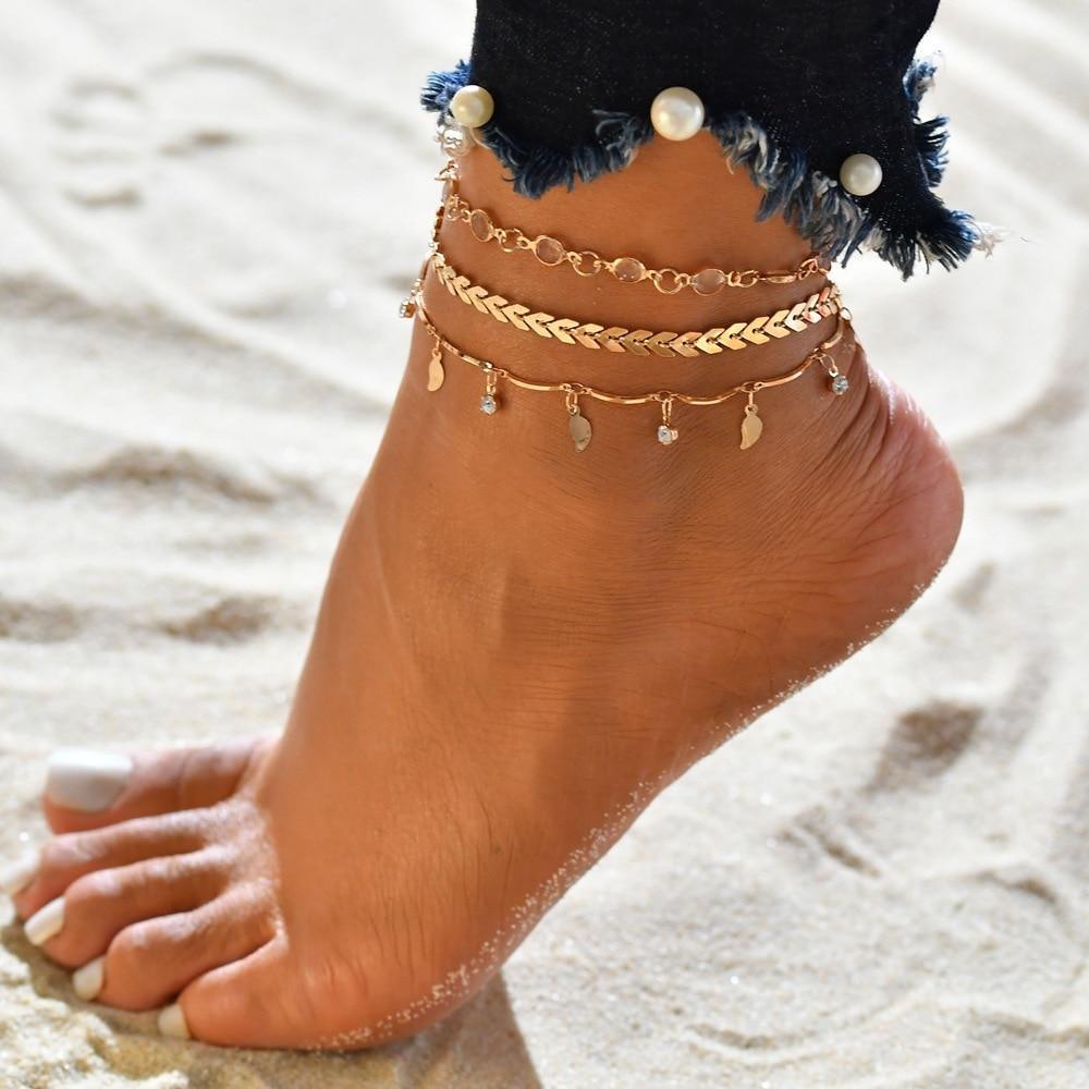 Gold Metal Shell Coconut Tree Female Anklets Barefoot Sandals Foot Summer Double Layers  Foot  Bracelets Leg Jewelry