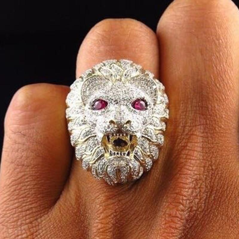 Fashion Golden Lion Head Ring Full Rhinestone Stainless Steel Animal Statement Finger Rings for Men Hip-Hop Punk & Epic Jewelry Design