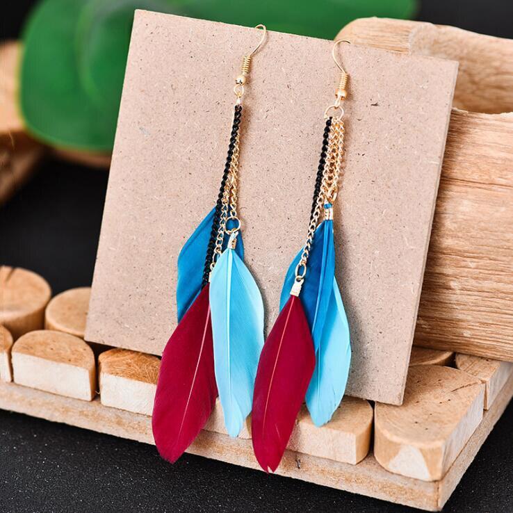 Handmade Modern Elegant Golden Silver Color Ethnic Acrylic Luxury Rainbow Beads Feather Drop Earrings for Women Boho Jewlery